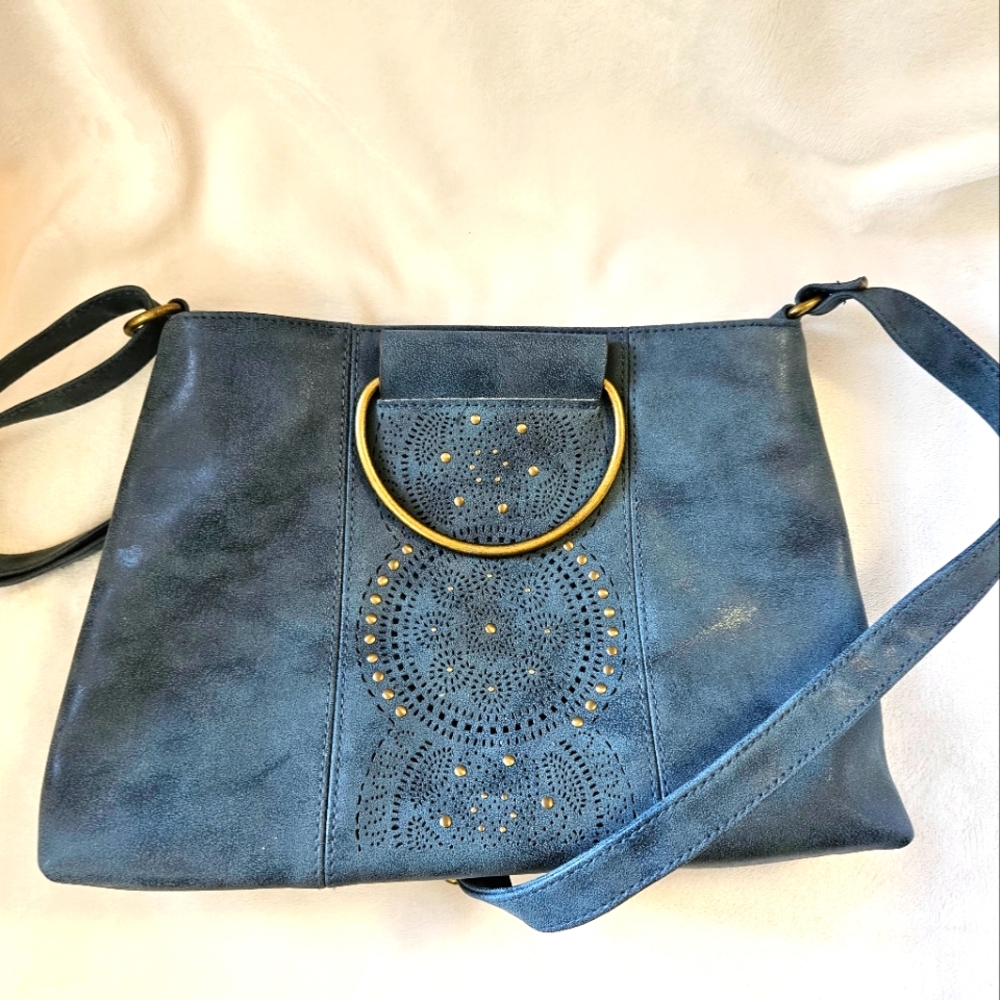 Ash Stonewash Blue Perforated Detail Gold Tone Studs Handbag Purse Crossbody